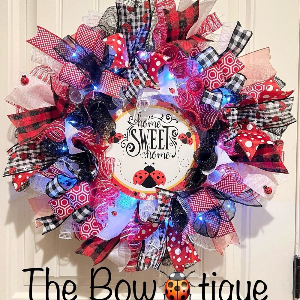 Summer Ladybug Ribbon Wreath Home Sweet Home Prelit Handmade 22 in Diam. #W7